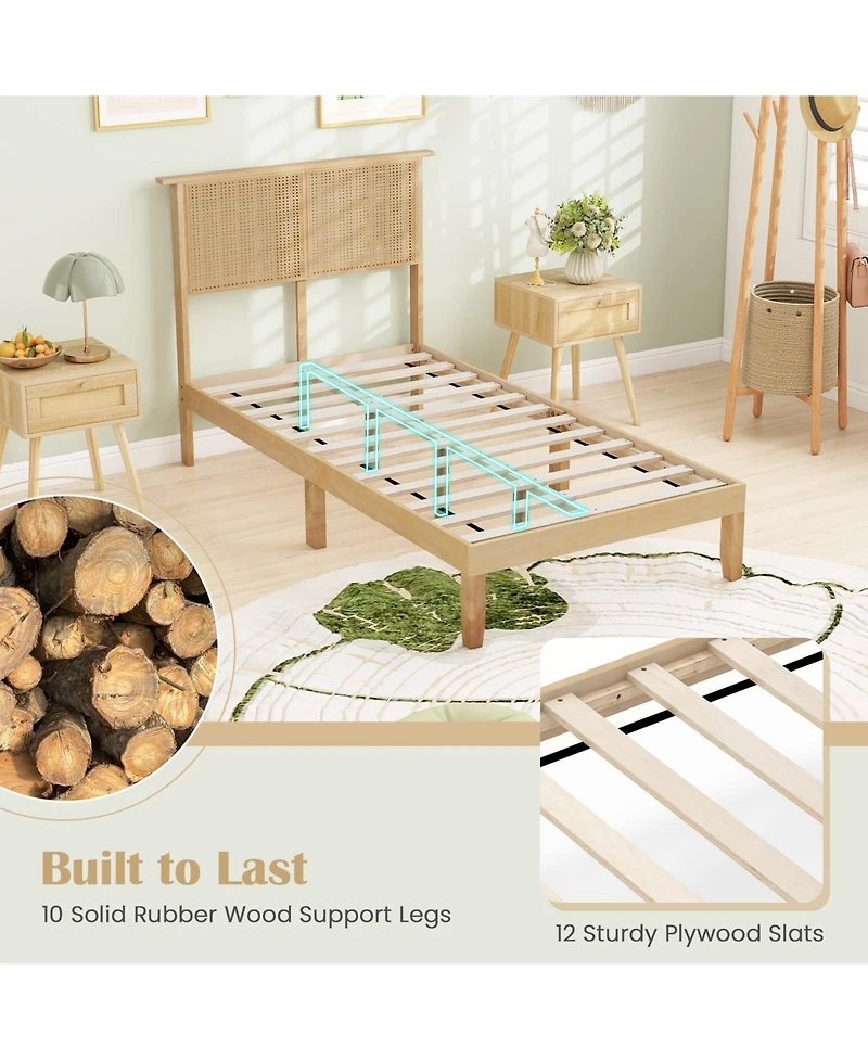 Slickblue Platform Bed Frame with Rattan Headboard and Durable Support