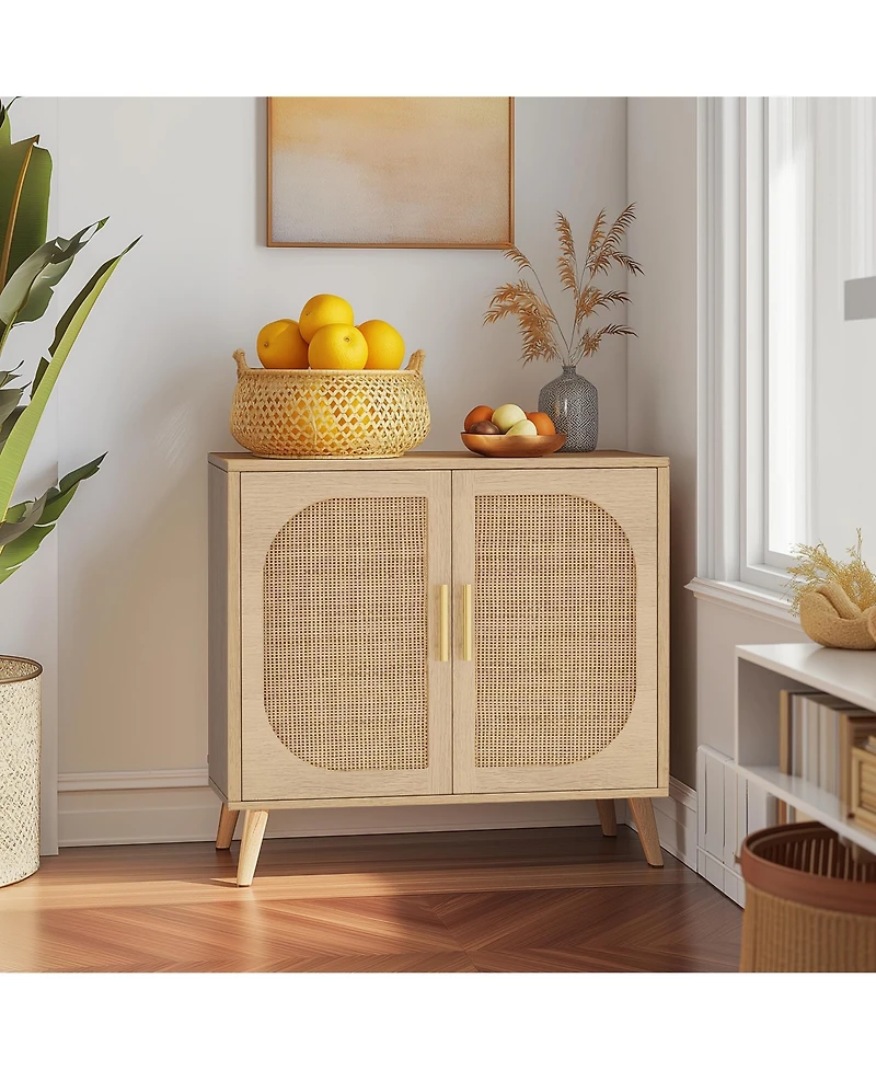Flynama Farmhouse Buffet Cabinet with Rattan Doors Solid Wood Feet 4 Compartment Storage Cabinet