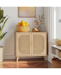 Flynama Farmhouse Buffet Cabinet with Rattan Doors Solid Wood Feet 4 Compartment Storage Cabinet