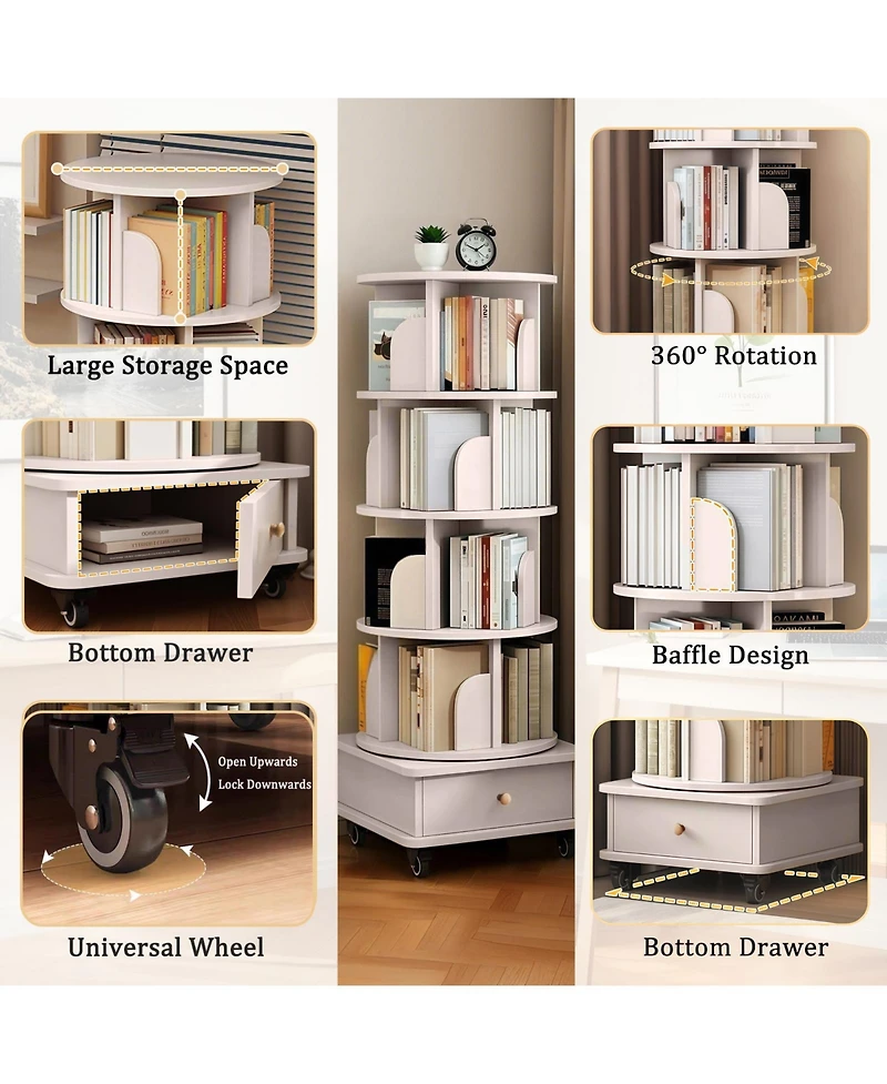 flynama 5-Tier 360 Degree Rotating Wooden Bookshelf with Single Drawer, Space-Saving Corner Home Organizer