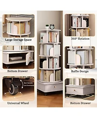 flynama 5-Tier 360 Degree Rotating Wooden Bookshelf with Single Drawer, Space-Saving Corner Home Organizer