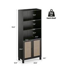flynama Tall Bookcase with Rattan Doors, 5-Tier Wood Storage Shelf