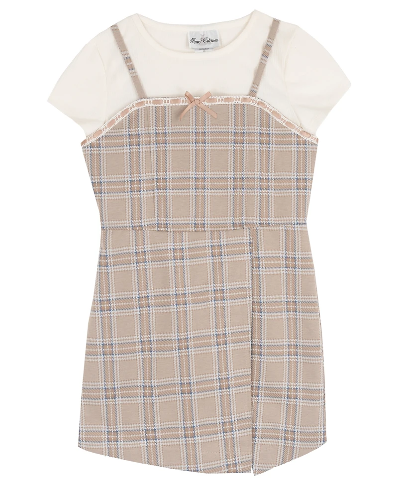 Rare Editions Girls' 7-16 Short-Sleeve T-Shirt and Plaid Woven Overlap Skirt Romper, 2-Piece Set