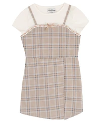 Rare Editions Girls' 7-16 Short-Sleeve T-Shirt and Plaid Woven Overlap Skirt Romper, 2-Piece Set