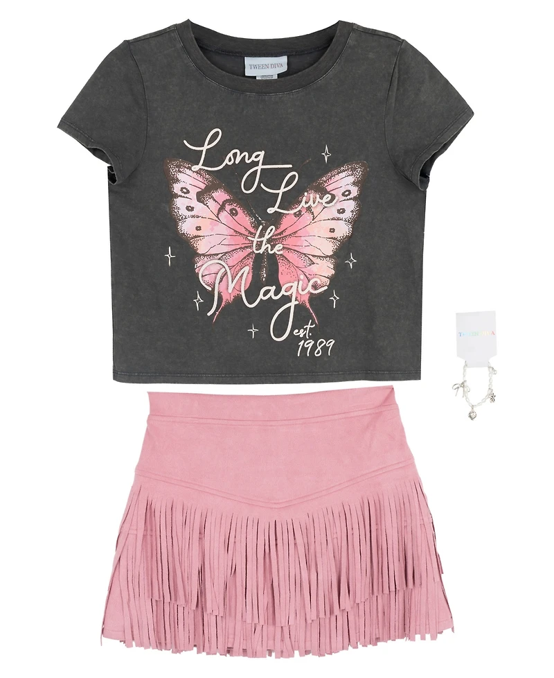Tween Diva Girls' 7-12 Acid Wash Graphic T-Shirt, Faux Suede Fringe Skirt and Bracelet, 3-Piece Set