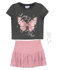 Tween Diva Girls' 7-12 Acid Wash Graphic T-Shirt, Faux Suede Fringe Skirt and Bracelet, 3-Piece Set
