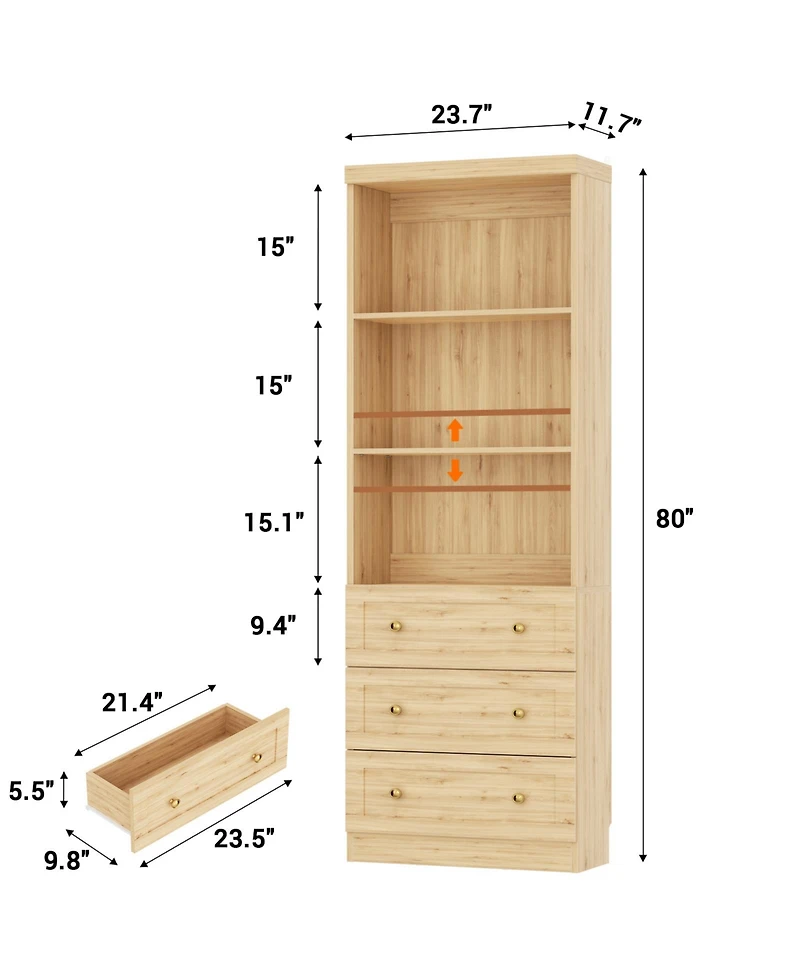 Aheaplus 80" Storage Cabinet with 3 Drawers and Open Shelves, Wooden Bookcase