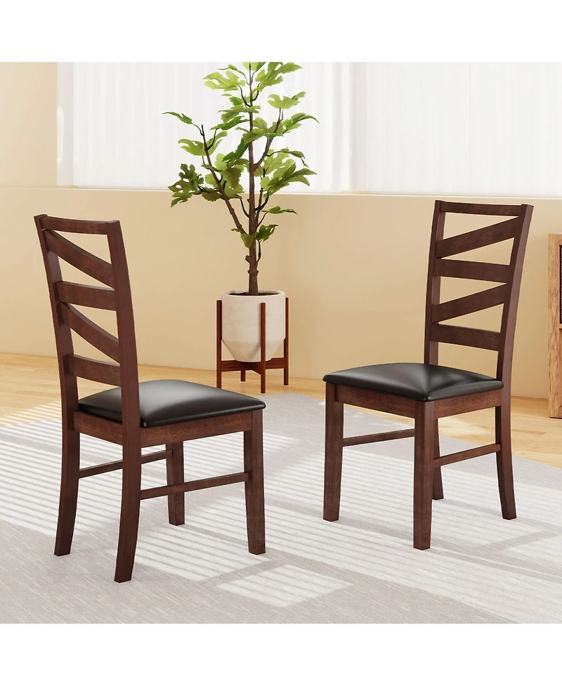 Gymax Dining Chairs Set of 2 Rubber Wood Legs Faux Leather Upholstered Seat Armless