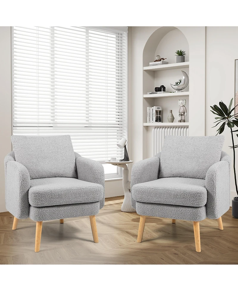 Gymax Sherpa Accent Chair Set of 2 with Seat Cushion and Pillow Rubber Wood Legs for Bedroom