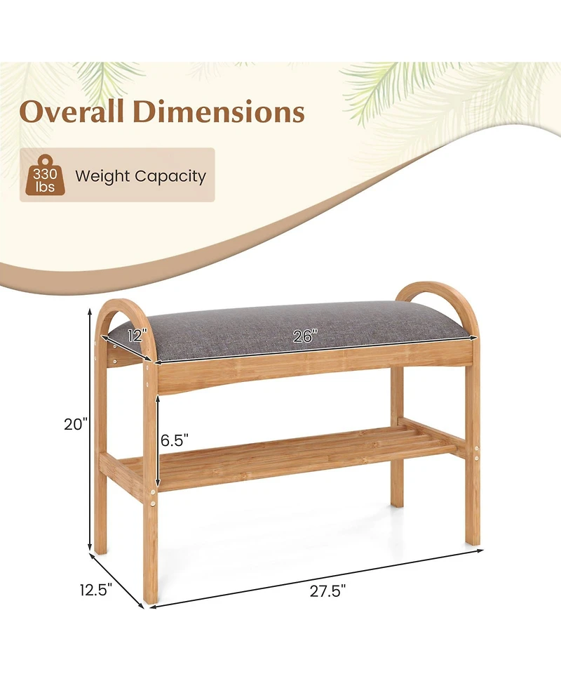 Slickblue Wicker Shoe Bench with Cushion Seat and 2-Level Storage Shelf for Entryway