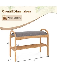 Slickblue Wicker Shoe Bench with Cushion Seat and 2-Level Storage Shelf for Entryway