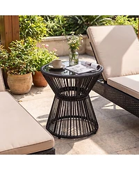 Gymax 2 piece Outdoor Side Table With Led Warm Light Pe Rattan Hourglass-Shaped End Table