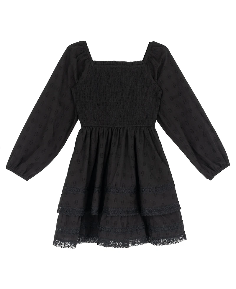Rare Editions Girls' 7-14 Textured Clip Dot Smocked Bodice Long-Sleeve Dress
