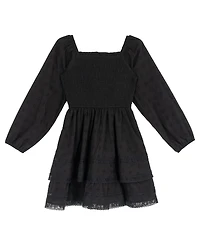 Rare Editions Girls' 7-14 Textured Clip Dot Smocked Bodice Long-Sleeve Dress
