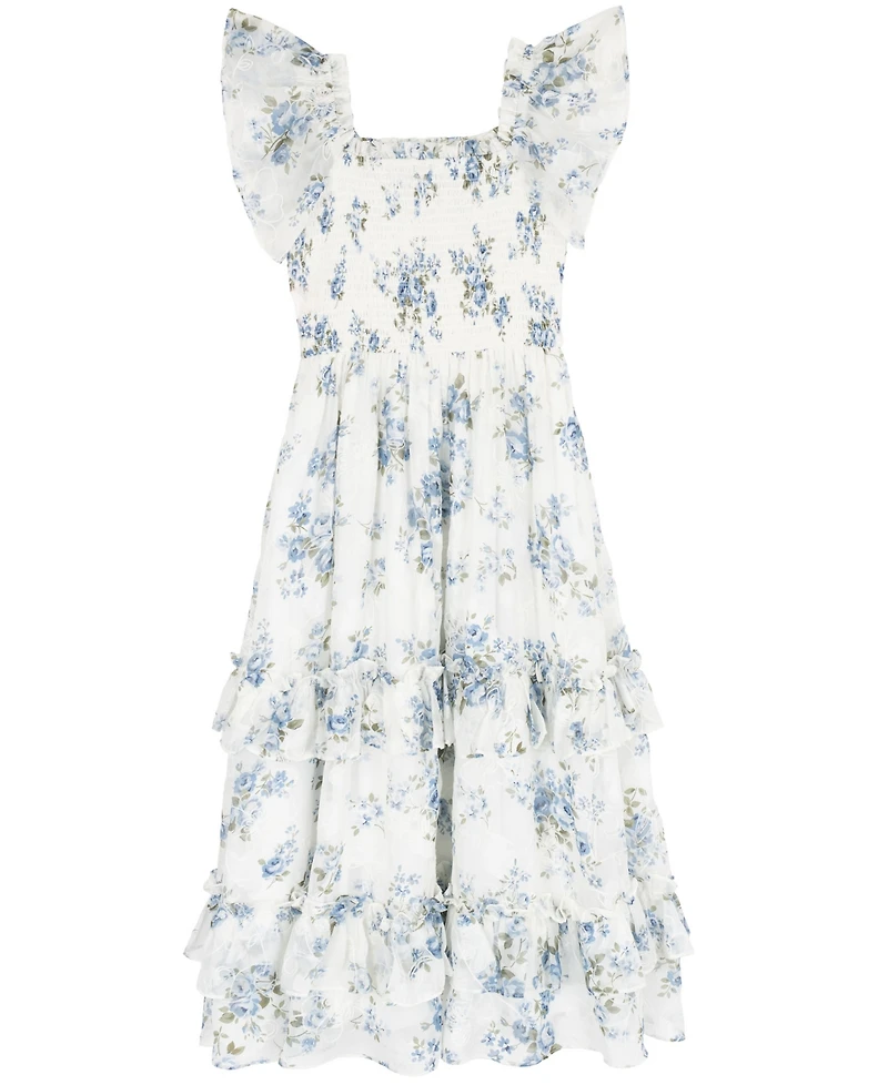 Rare Editions Girls' 7-16 Floral Print Chiffon Smocked Flutter Sleeve Midi Dress
