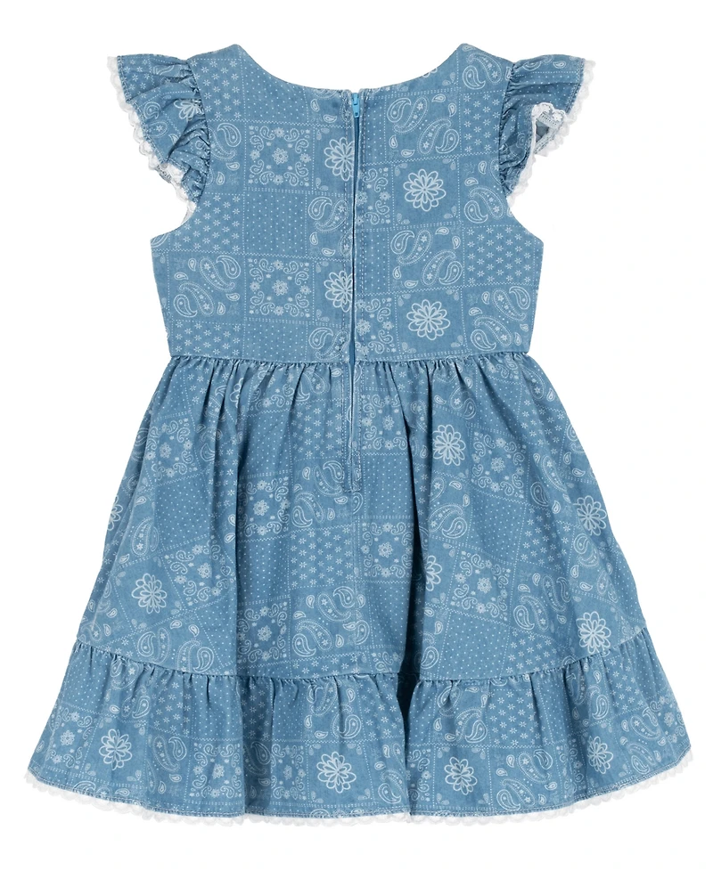 Rare Editions Girls' 2T-6X Printed Denim Flutter Sleeve Tiered Dress