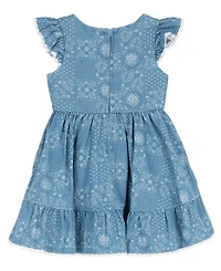 Rare Editions Girls' 2T-6X Printed Denim Flutter Sleeve Tiered Dress