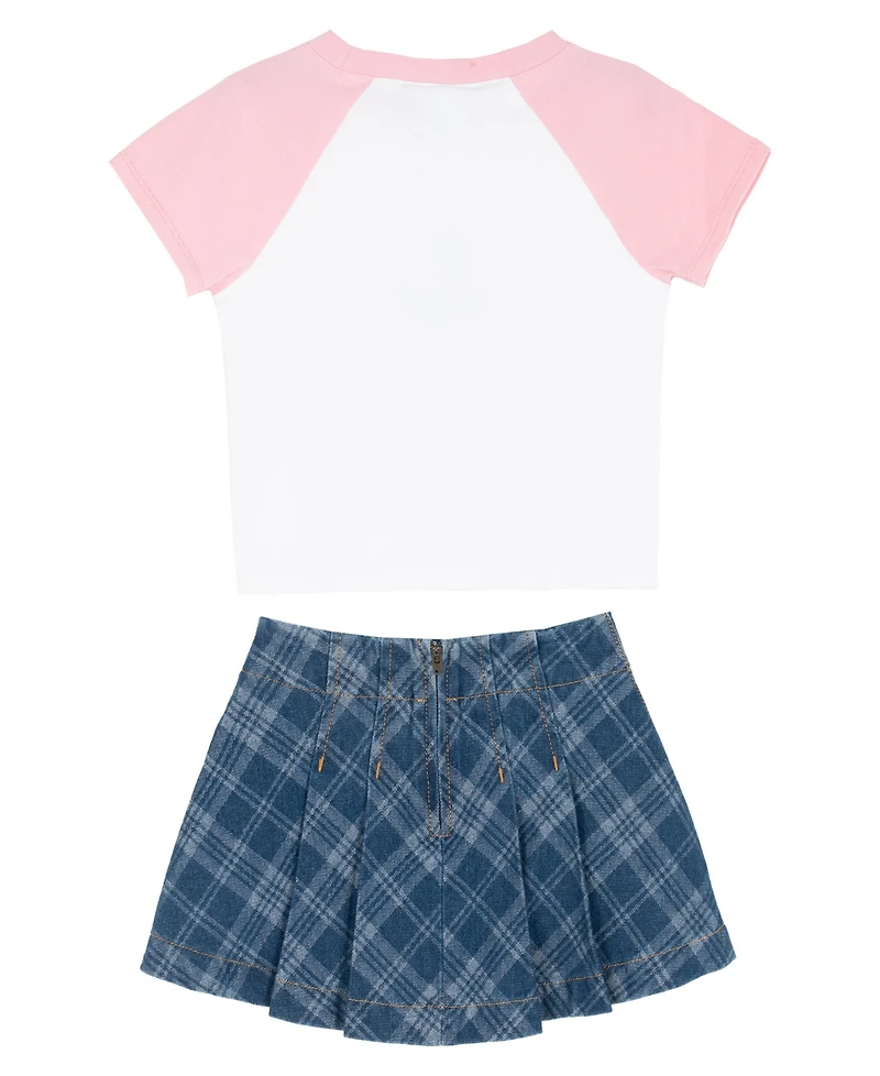 Rare Editions Girls' 2T-6X Raglan T-Shirt and Plaid denim Skirt, 2-Piece Set