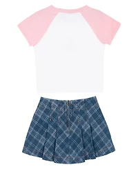 Rare Editions Girls' 2T-6X Raglan T-Shirt and Plaid denim Skirt, 2-Piece Set