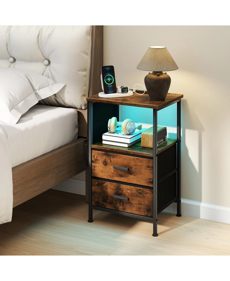 Slickblue Nightstand End Table with Charging Station and Fabric Drawers