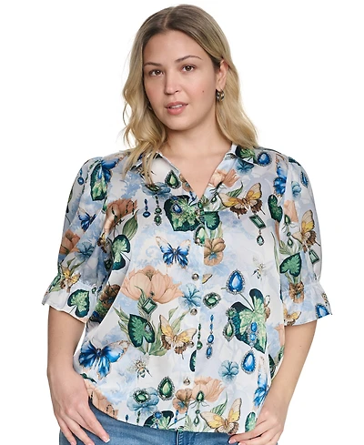 Karl Lagerfeld Paris Plus Collared Button-Front Top