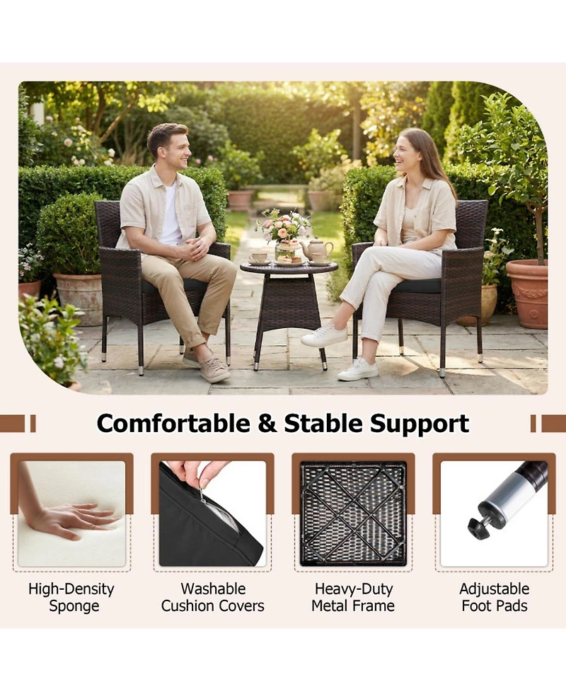 Sugift 3 Piece Patio Furniture Bistro Set for Porch with Woven Rattan Cushions