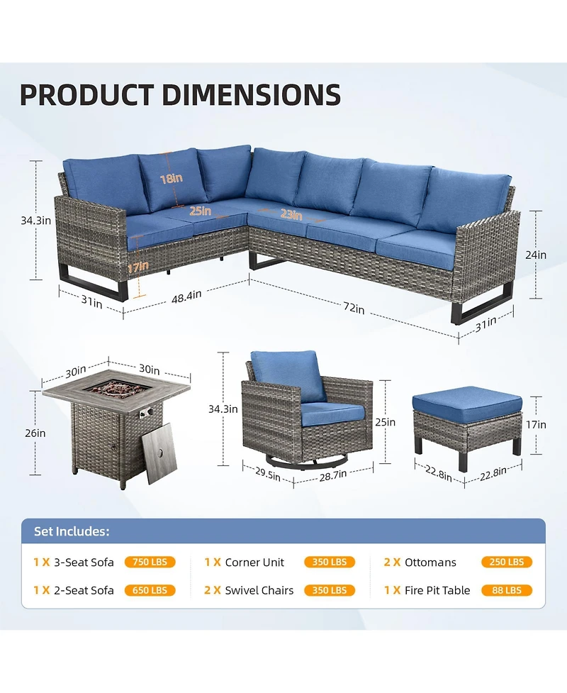 Pocassy 8 Pieces Outdoor Patio Furniture Set with Propane Gas Fire Pit Table, Sectional Sofa Pe Rattan Wicker Conversation Sets