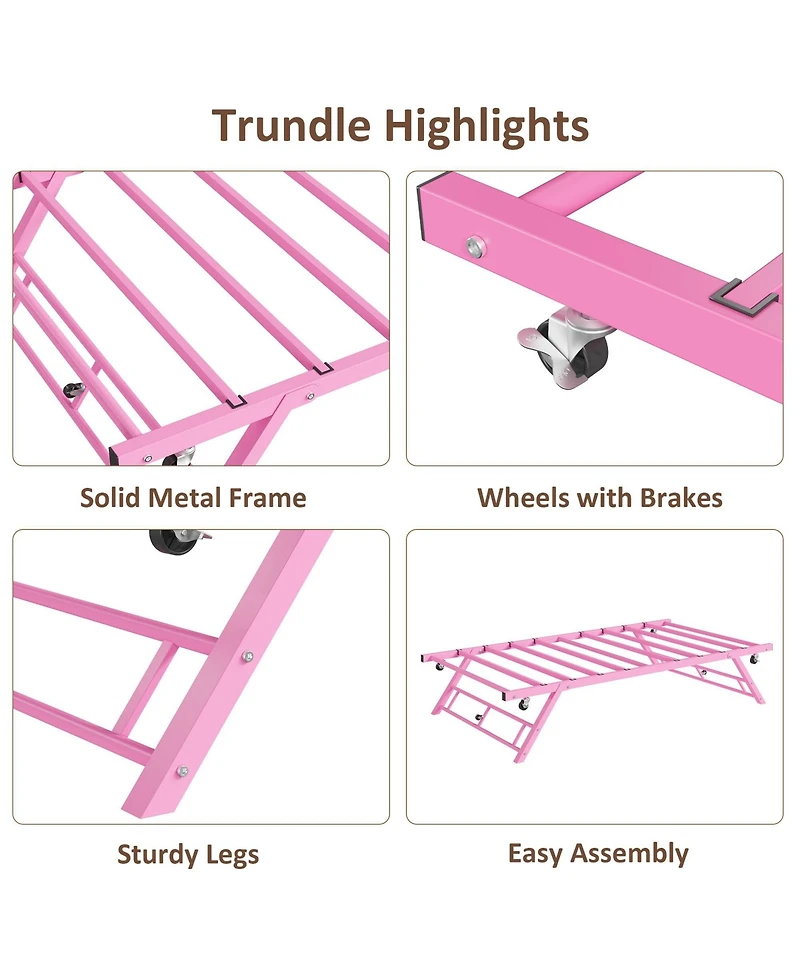 homfan Twin Sturdy Metal Pop Up Trundle Bed Frame Stand Up Design, Lockable Casters, Strong Steel Slats, Noise Free, Easy Assembly