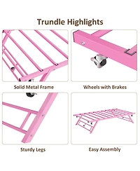 homfan Twin Sturdy Metal Pop Up Trundle Bed Frame Stand Up Design, Lockable Casters, Strong Steel Slats, Noise Free, Easy Assembly