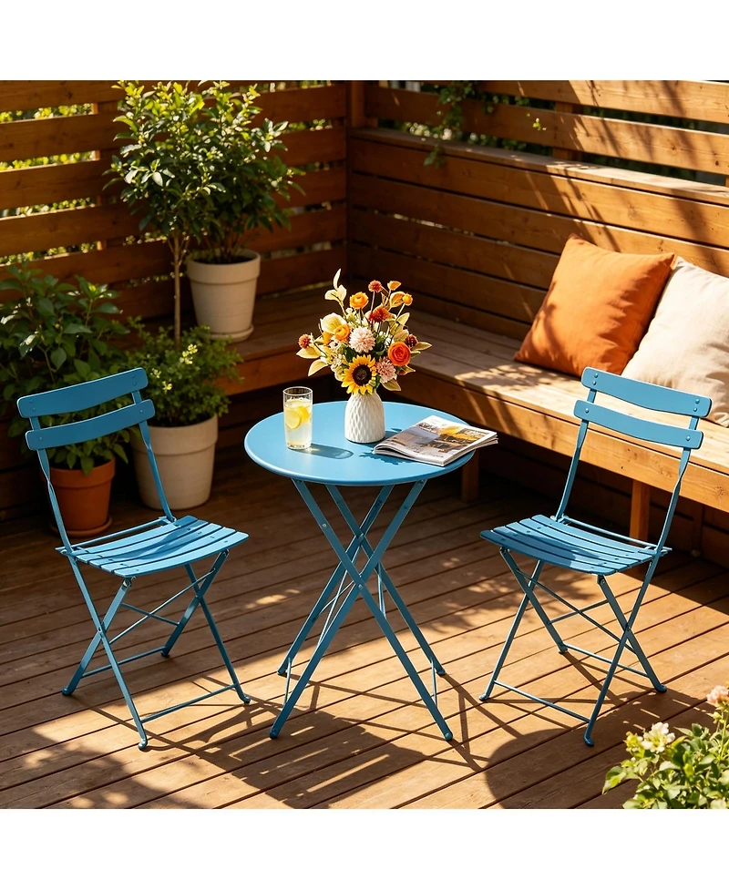 GarveeLife Space Saving 3 Piece Folding Bistro Set, Blue Steel Patio Table and Chairs for Balcony or Garden