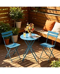GarveeLife Space Saving 3 Piece Folding Bistro Set, Blue Steel Patio Table and Chairs for Balcony or Garden