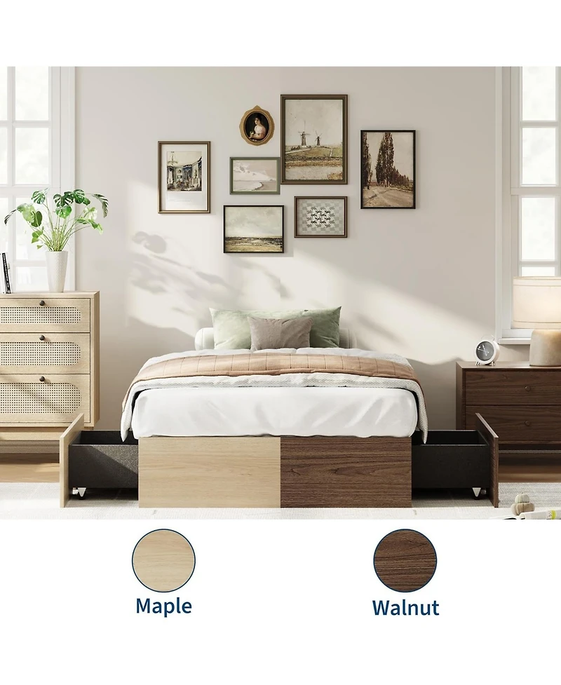 gaomon Wood Platform Bed Frame with 2 Storage Drawers, Wooden Bed Frame Without Headboard, Wood Slat Support, No Box Spring Needed