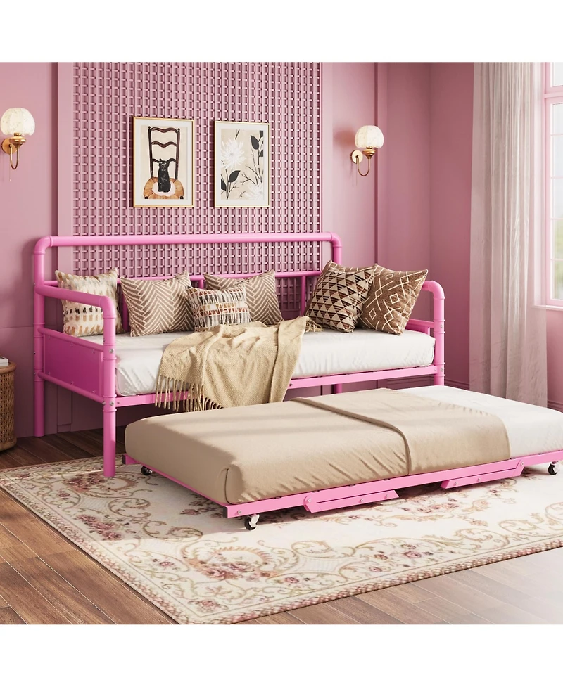 homfan Twin Daybed with Trundle, Metal Daybed with Pop Up Trundle and Steel Slats for Bedroom or Guest Room
