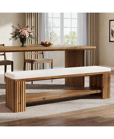Tribesigns 63" Solid Wood Dining Bench, Farmhouse Upholstered End of Bed Bench with Removable Faux Lambswool Cushion,Indoor Long Entryway Bench