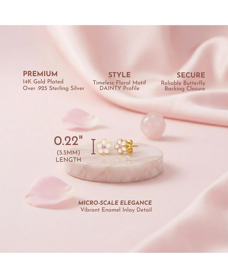 GiGiGirl Sterling Silver 14K Gold Plated with White and Pink Enamel Flower Screw Back Earrings