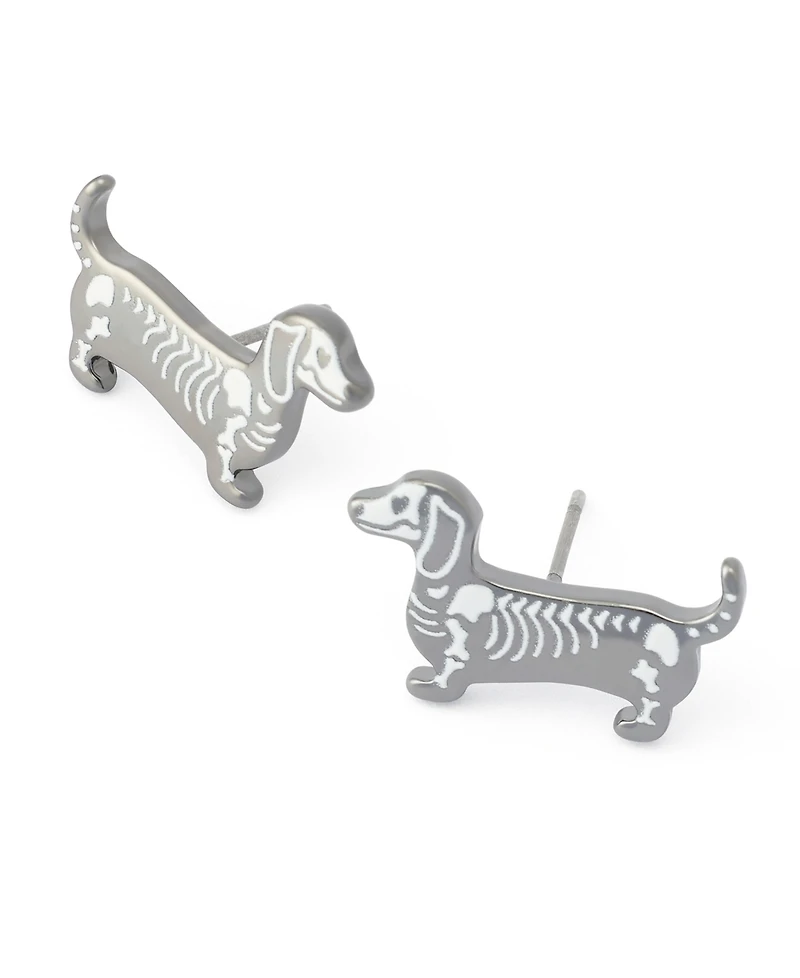 Betsey Johnson White Halloween Skeleton Dachshund Stud Earrings