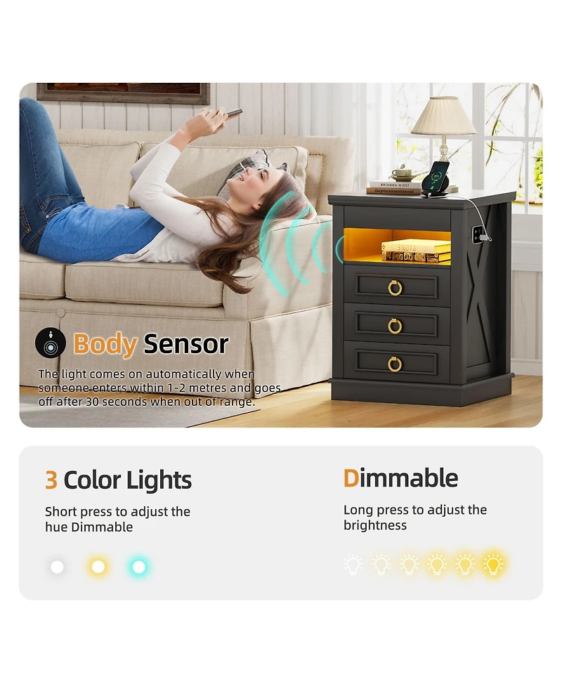 Vlsrka 3-Drawer Nightstand with Hidden Storage, Modern Bedside Table Charging Station and Led Light, Bedroom End Spacious Drawers