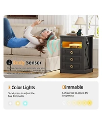 Vlsrka 3-Drawer Nightstand with Hidden Storage, Modern Bedside Table Charging Station and Led Light, Bedroom End Spacious Drawers