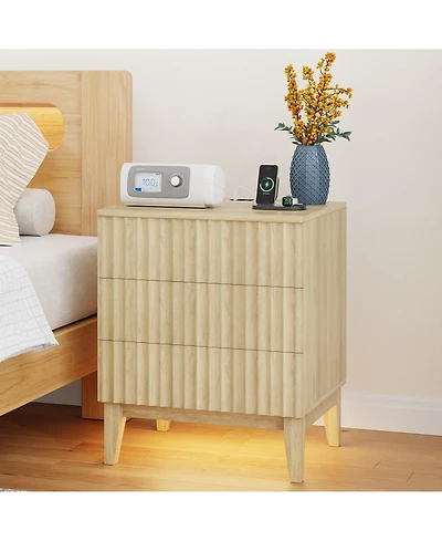 Vlsrka 19.7" Wide 3-Drawer Nightstand with Charging Station and Motion Sensor Led Light