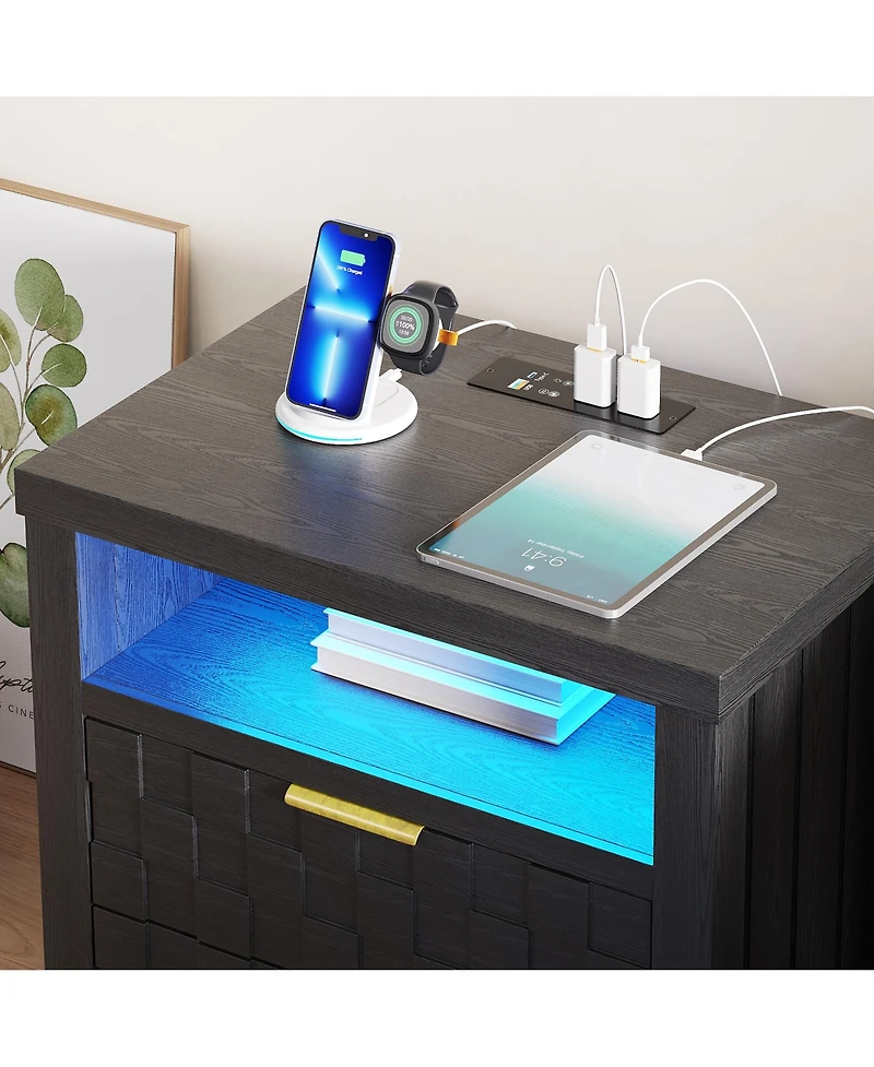 Vlsrka 25.6" Wide 2-Drawer Nightstand with Charging Station, Built-in Outlets and Usb Ports, Led Light Bedside Table, Modern Bedroom End Table