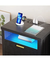 Vlsrka 25.6" Wide 2-Drawer Nightstand with Charging Station, Built-in Outlets and Usb Ports, Led Light Bedside Table, Modern Bedroom End Table