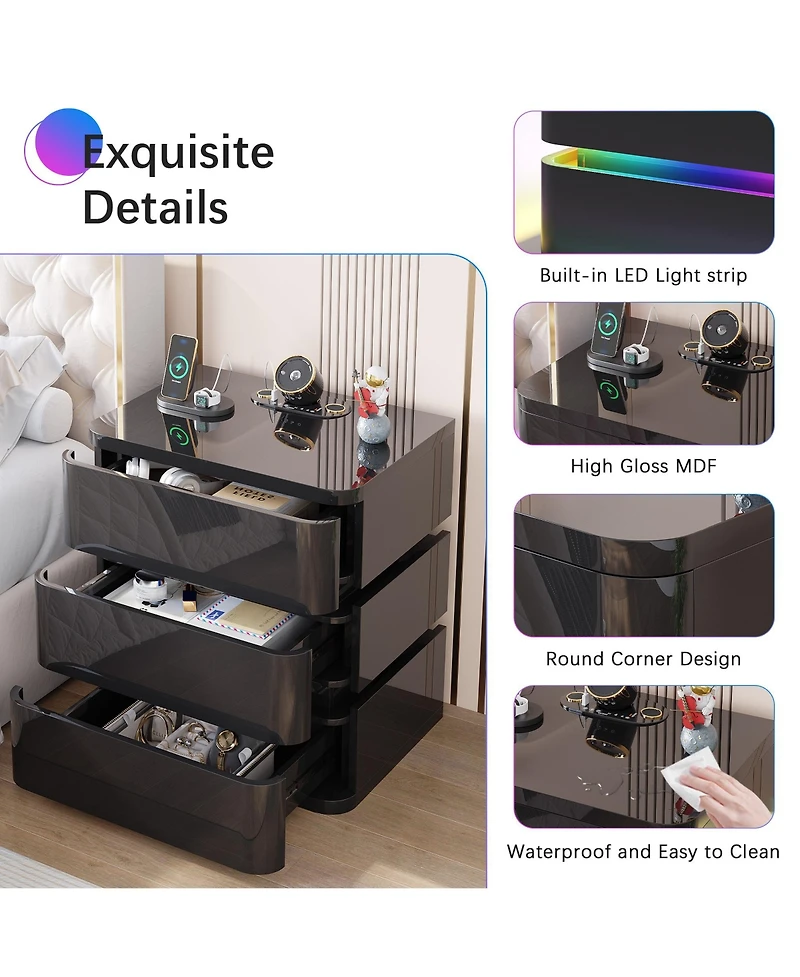 Vlsrka 3-Drawer Nightstand with Electronic Lock, Rgb Lights No Assembly Required)