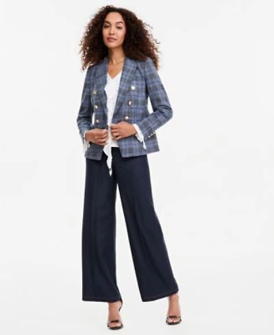 Tahari Asl Womens Plaid Double Breasted Blazer V Neck Ruffle Front Long Sleeve Blouse Wide Leg Mid Rise Denim Pants