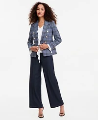 Tahari Asl Womens Plaid Double Breasted Blazer V Neck Ruffle Front Long Sleeve Blouse Wide Leg Mid Rise Denim Pants