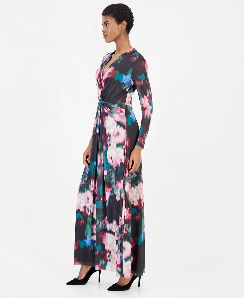 Anne Klein Women's Petite Mesh Twist Front Floral Long-Sleeve Maxi Dress