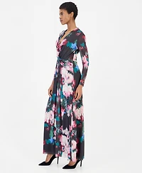 Anne Klein Women's Petite Mesh Twist Front Floral Long-Sleeve Maxi Dress