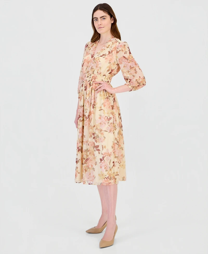 Anne Klein Women's Floral Smocked Waist Ruffle-Trim Midi Dress
