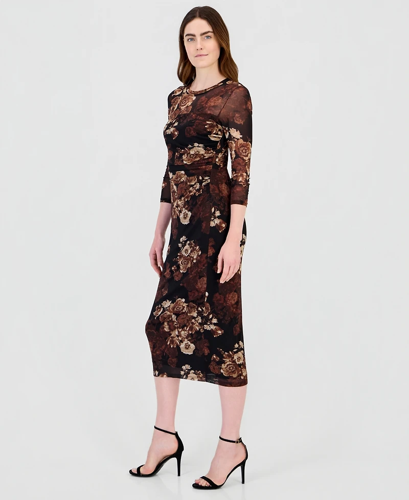 Anne Klein Women's Floral-Print Mesh Side-Ruched Midi Dress