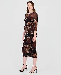Anne Klein Women's Floral-Print Mesh Side-Ruched Midi Dress