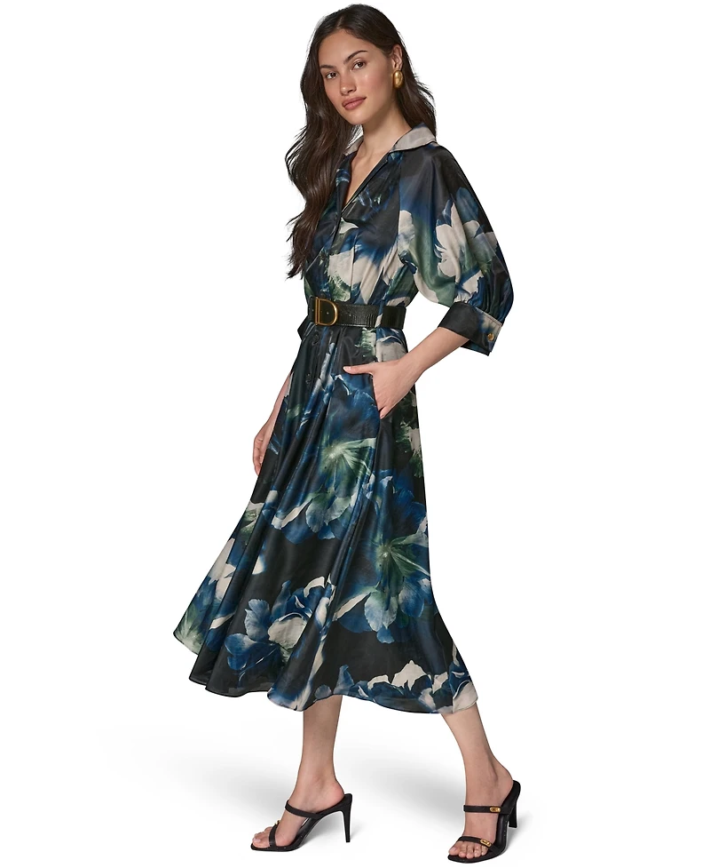 Donna Karan New York Petite Printed Belted Midi Shirt Dress